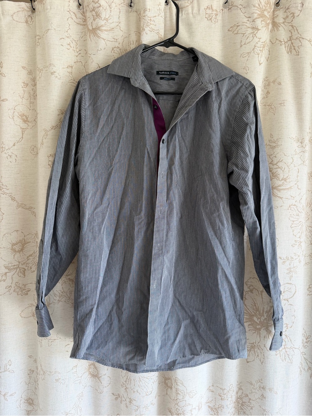 Van Heusen Gray Pinstriped Dress Shirt with Purple Placket Accent